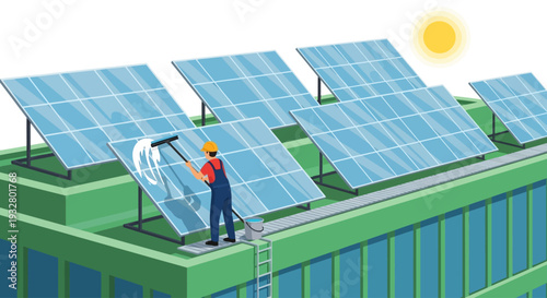 Technician cleaning solar panels on a rooftop with multiple photovoltaic panels under sunlight