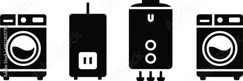 Black silhouette washing machine and water heater appliance icon set isolated on white background, modern home laundry and plumbing equipment vector illustration.