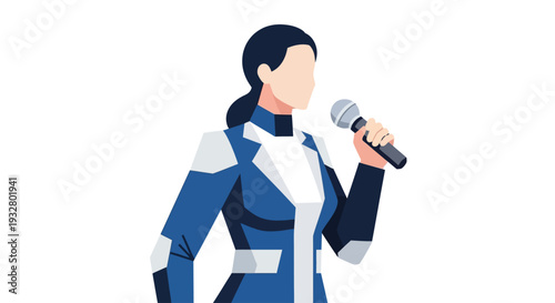 Woman in blue jacket singing into microphone on stage performance