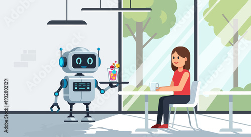 Woman interacting with a robot serving drinks at a modern indoor cafe with a scenic outdoor view