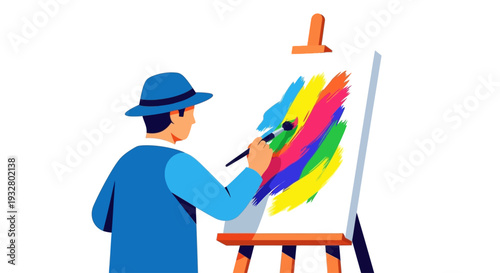 Artist creating a vibrant painting on an easel with colorful brushes