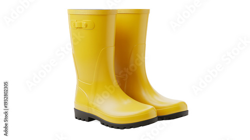 Pair of yellow rain boots with black soles shoes footwear isolated on a transparent background