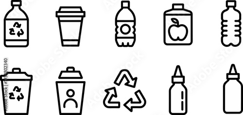Recyclable plastic bottle and takeaway cup outline icon set, eco friendly packaging symbols isolated on white background