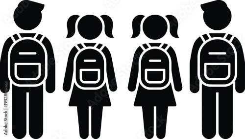 Four students with backpacks standing in a line