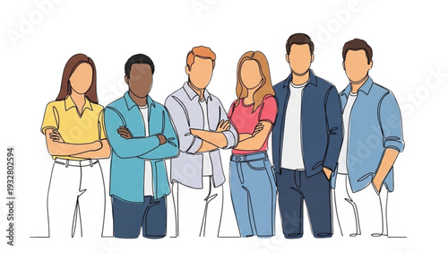 Diverse group of people standing together in a professional setting, showcasing teamwork and unity.