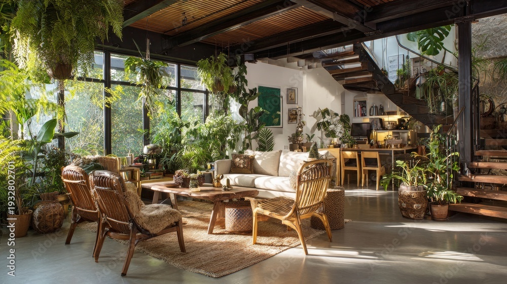Obraz premium Chic living space features wood furniture and lovely plants.