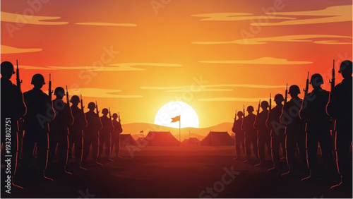 Silhouetted soldiers standing at attention during a vibrant orange sunset with a flag in the distance