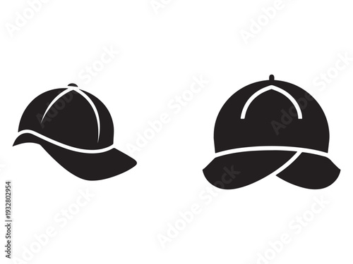 Two black baseball caps with white lines on white background  simple iconic headwear silhouettes