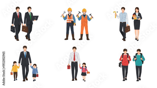 Diverse professionals and individuals with children in various occupations and attire