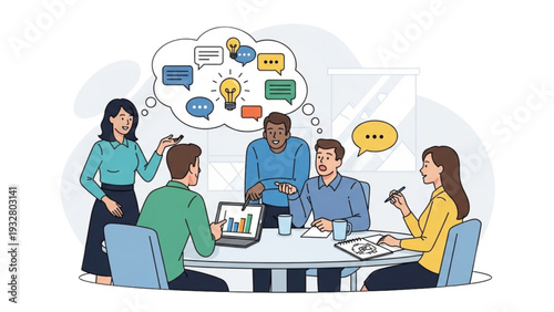 Diverse team collaborating around table with laptops and speech bubbles overhead in a modern office setting from an aerial viewpoint