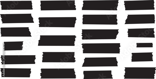 Set of black torn masking tape strips. Vector ripped adhesive paper or grunge sticky tape texture collection.
