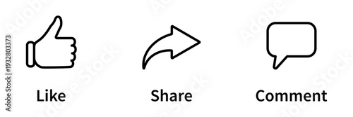 Like share comment outline icons social media interaction symbols thumbs up arrow speech bubble communication buttons minimal line design interface elements isolated