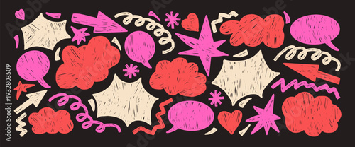 Chalk girly speech bubbles, bangs, cloud and geometric shapes. Abstract irregular pastel figures. Pink arrow, freeform elements, stars and heart form. Vector design brush set isolated no background.