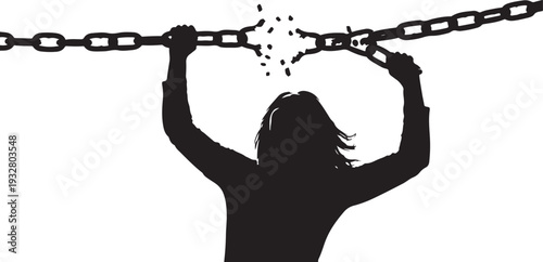Silhouette of a powerful person breaking a heavy metal chain to symbolize freedom and liberation.