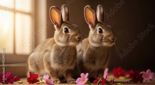 Two brown rabbits standing on flower petals