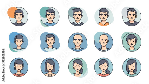 Diverse group of people illustrated in circular icons against a plain background from a frontal viewpoint