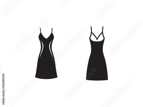 Two black dresses with thin straps and Vnecklines side by side on white background