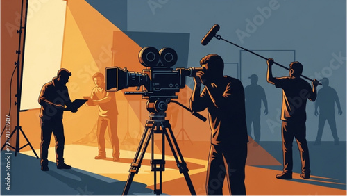 Film crew capturing a scene with camera and lighting equipment in a studio setting from a dynamic viewpoint