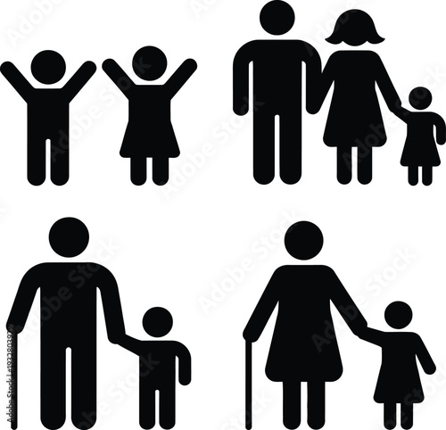 Various family and elderly care icons depicting different relationships and support scenarios