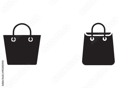 Two black handbags with handles and white details side by side on white background