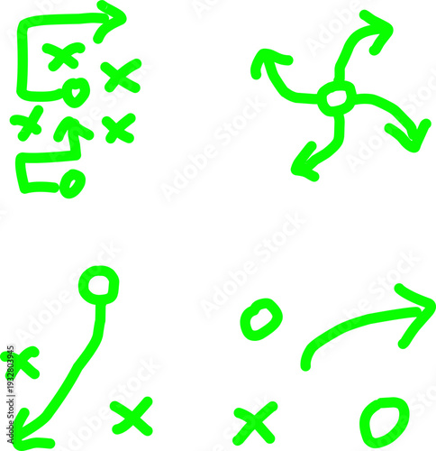 Neon green hand-drawn arrows with X and O symbols on white background, playful strategy doodle pattern, modern abstract tactical sketch design