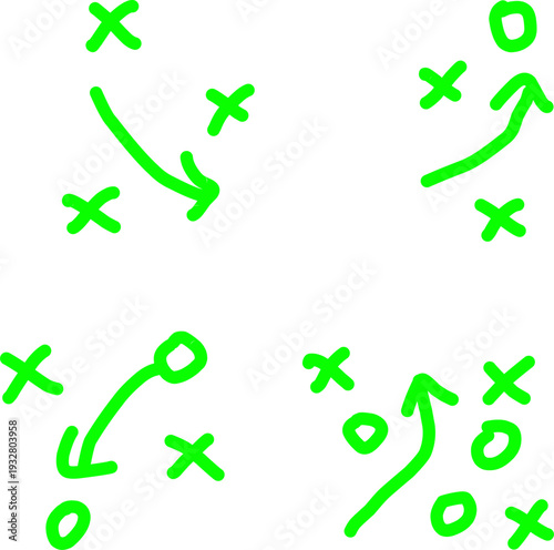 Neon green hand-drawn arrows with X and O symbols on white background, playful strategy doodle pattern, modern abstract tactical sketch design