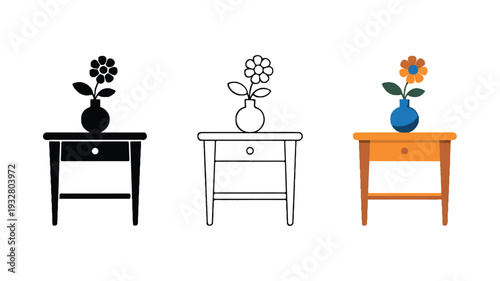 A minimalist illustration of three identical side tables with a single flower vase on top, arranged horizontally (4)_traced