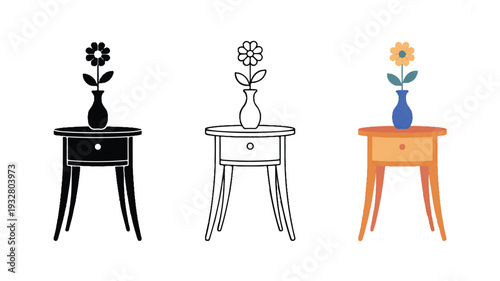 A minimalist illustration of three identical side tables with a single flower vase on top, arranged horizontally (3)_traced