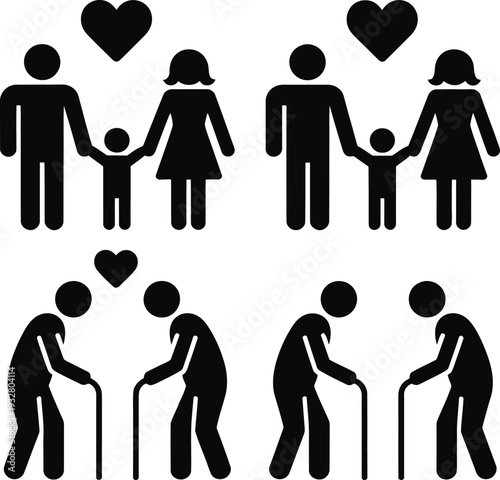 Diverse family and elderly care icons representing love and support