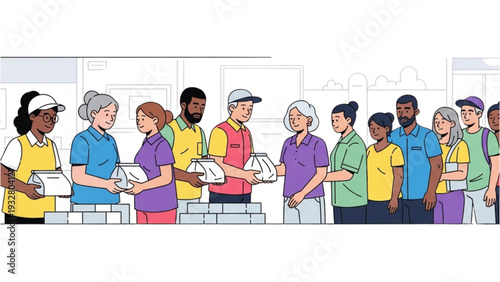 Diverse Group of People Waiting in Line to Receive Food at a Food Bank or Distribution Center, Illustrations, Indoor Setting, Frontal View