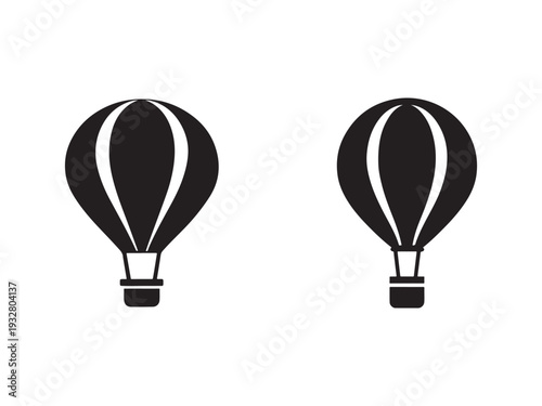 Two black hot air balloons with white stripes side by side on white background  simple travel icons