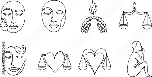 Abstract Line Art Icons: Faces Lungs Scales Heart Person Thinking Stock Graphics