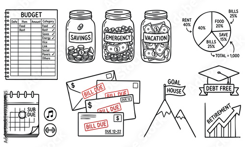 Financial Planning Icons: Budgeting Saving Bills Goals Debt Free Retirement