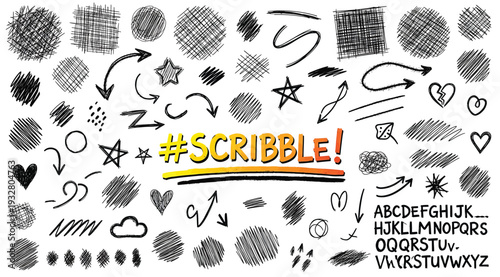 Collection of various scribbles and doodles isolated on white background with colorful hashtag