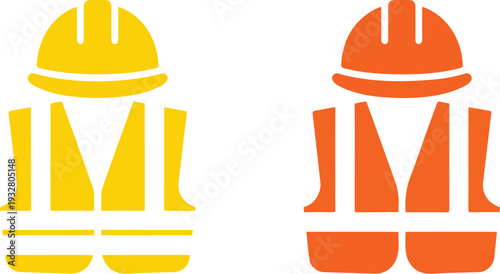 Minimalist hard hat and safety vest worker icons in yellow and orange on transparent background.