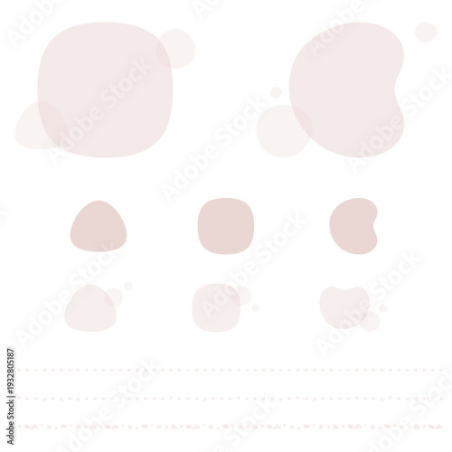 くすみピンクのオーガニック液体シェイプ背景セット。ナチュラルでやわらかいWebデザイン用ベクター素。丸形ミニマルデザイン。Abstract pink fluid shapes and dotted line set for minimalist background design.