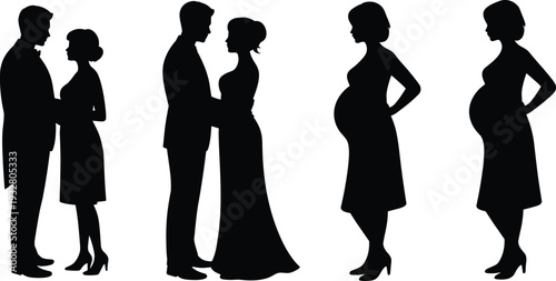 Black couple and pregnant woman silhouettes set isolated on white background featuring romantic partners and maternity poses for family, love, and relationship concept