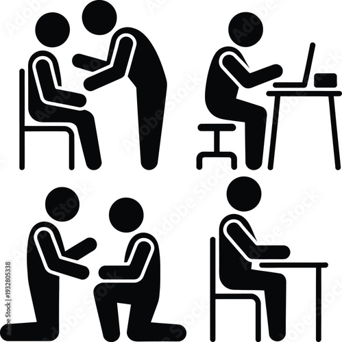 Illustrations of various professional and personal interaction scenarios in an office setting