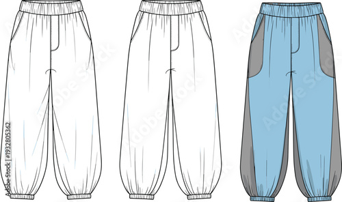 Fashion Flat Sketch of Women's Jogger Pants, Technical Vector Template for Apparel Design, High Waist Elastic Cuffs Sweatpants Mockup Set