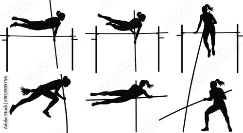 Female Athlete Pole Vault Silhouette Vector Set Performing High Jump Over Bar Track and Field Sports Competition Icons Isolated on White