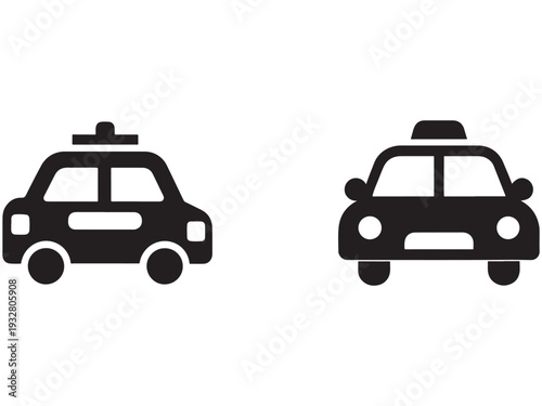 Two black taxi cars in different views  side and front  isolated on white background