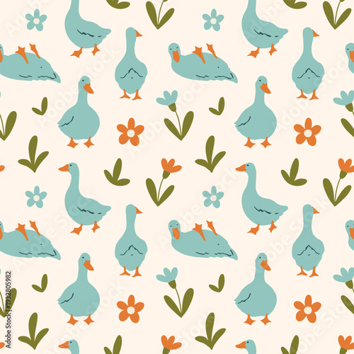 Seamless cottagecore pattern with geese and flowers, hand-drawn colored vector in whimsical doodle style. Rustic countryside aesthetic, perfect for fabric, textile, wrapping paper, wallpaper, and surf