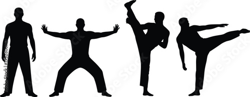 Black martial arts fighter silhouettes set with standing, stretching, and high kick poses isolated on white background for fitness and combat sport concept
