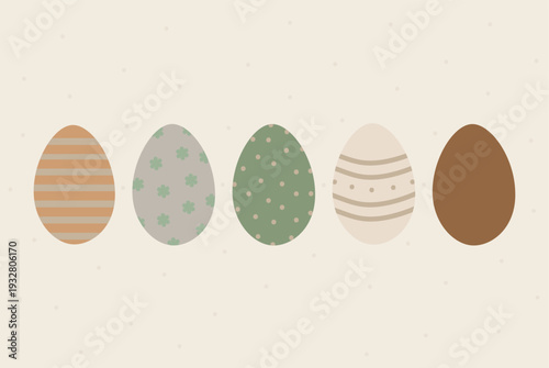 Boho Easter eggs in natural pastel colors with modern patterns on neutral background.