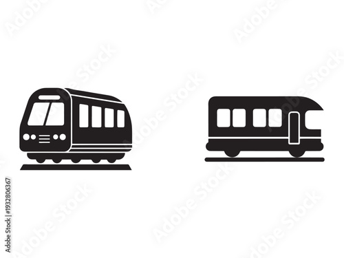 Two black train cars on tracks side by side one facing forward and one backward on white background