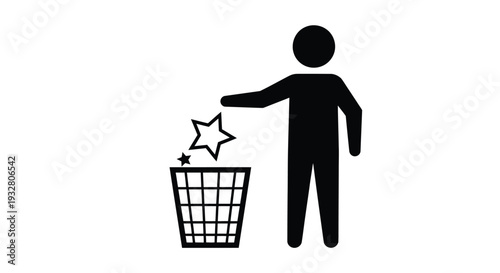 Vector graphic illustration showing a stick figure person discarding a star rating into a trash bin, symbolizing removal of a favorite or demotion of quality.