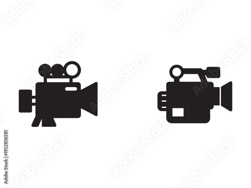 Two black video cameras side by side on white background  film recording devices