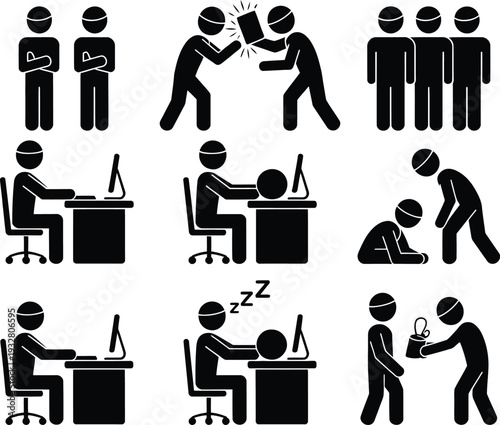 Illustrations of various office worker behaviors and activities