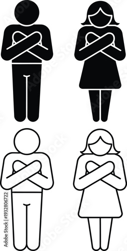 Illustrations of figures with arms crossed in different styles and gender representations