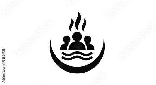 Vector graphic illustration depicting three stylized people enjoying a relaxing hot tub or spa experience with steam rising, perfect for leisure and wellness designs.